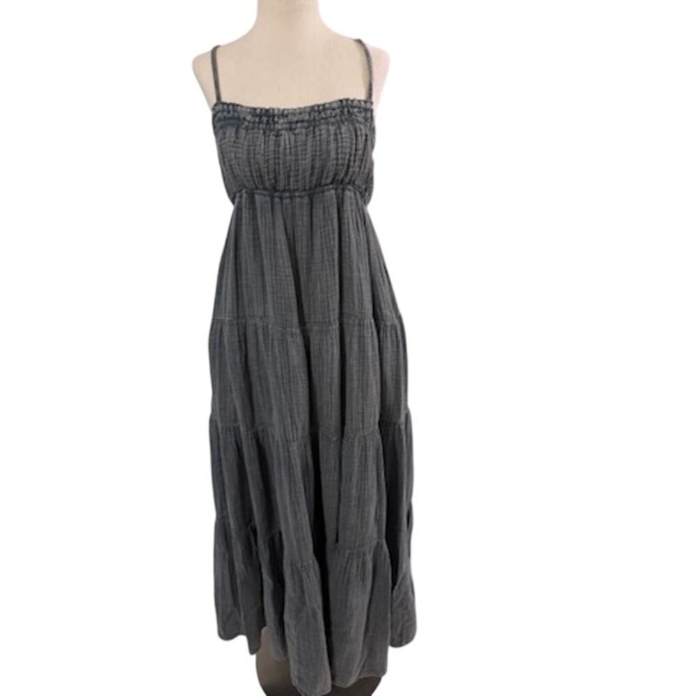 Easel Blue Gray Gauze Maxi Dress Small Tiered Adjustable Strap Boho Cottage